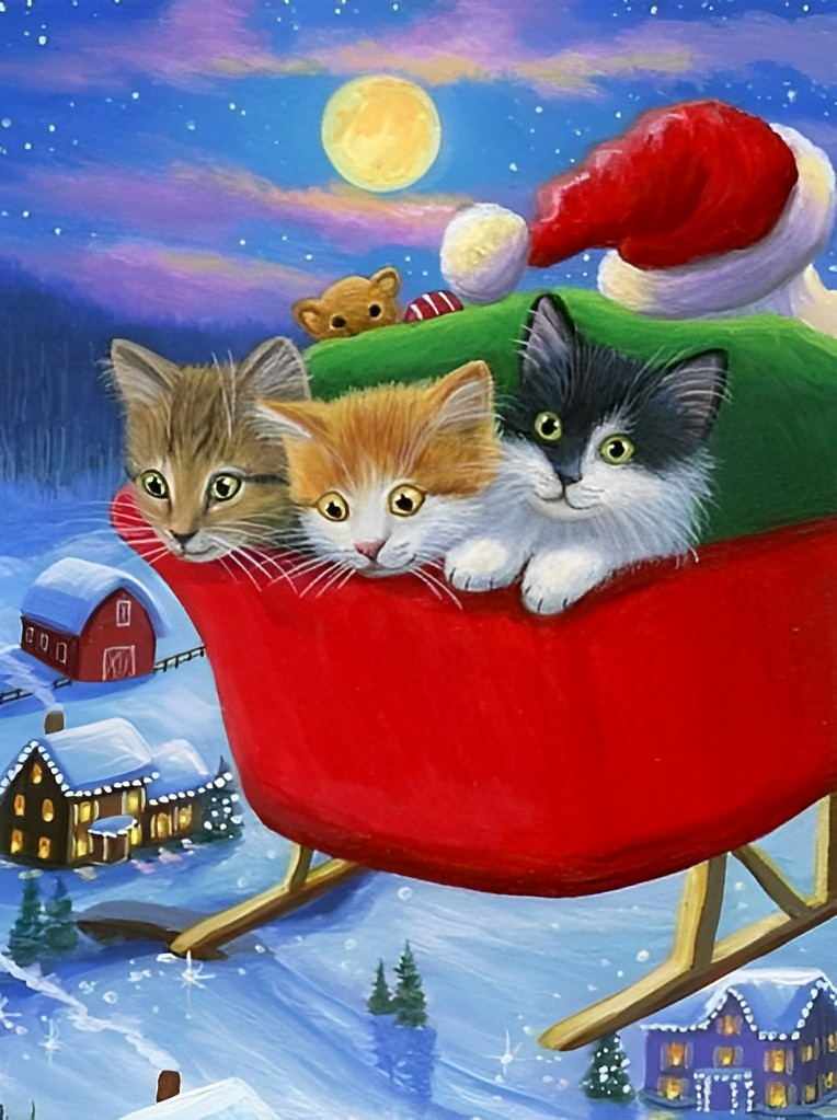 Schlitten mit Weihnachtsgeschenken und Kätzchen Diamond Painting