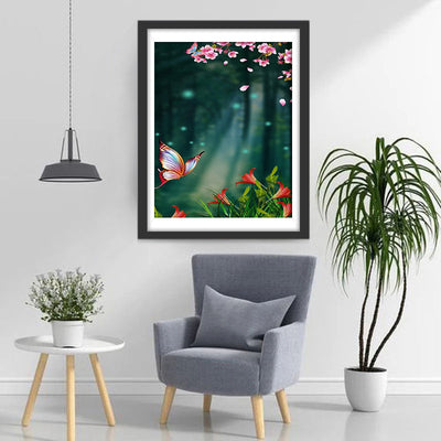 Schmetterling und Blumen im Wald Diamond Painting