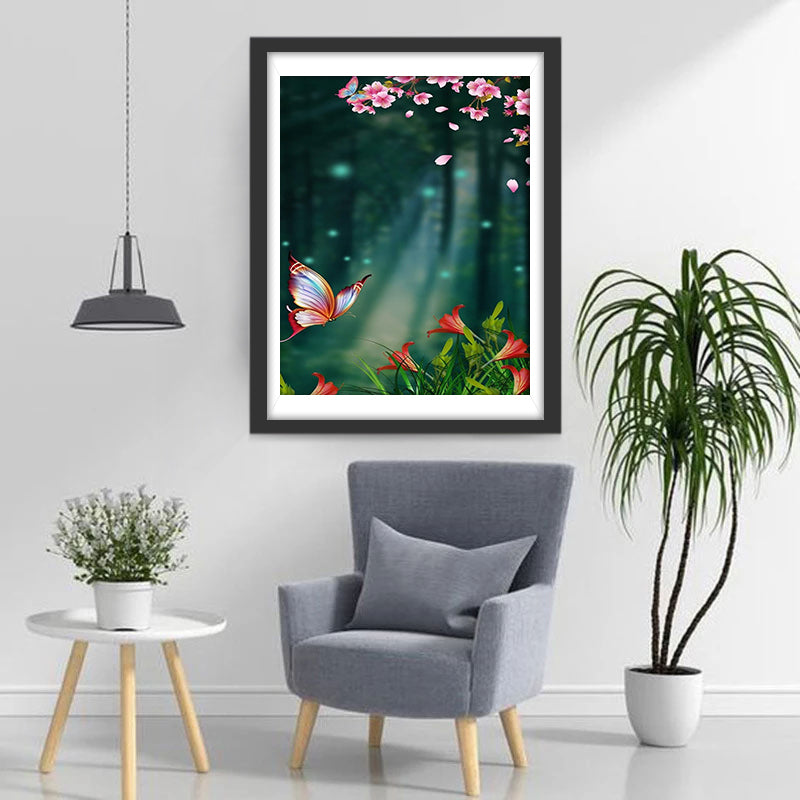 Schmetterling und Blumen im Wald Diamond Painting