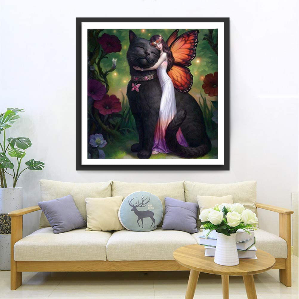 Schmetterlingsfee und schwarze Katze Diamond Painting