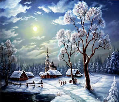 Schnee Bäume Hütten Diamond Painting