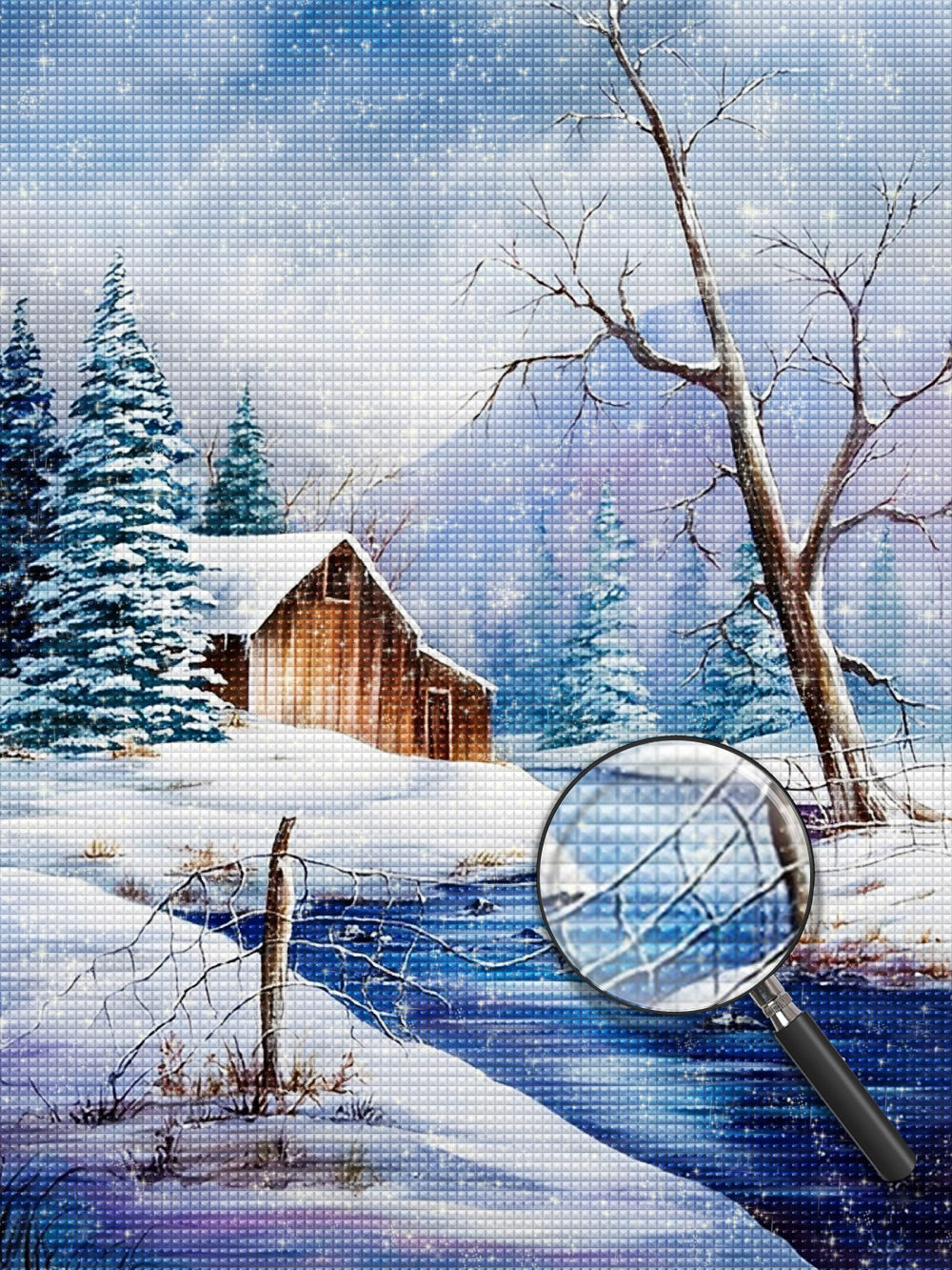 Schnee, Holzhütte und Bäume Diamond Painting