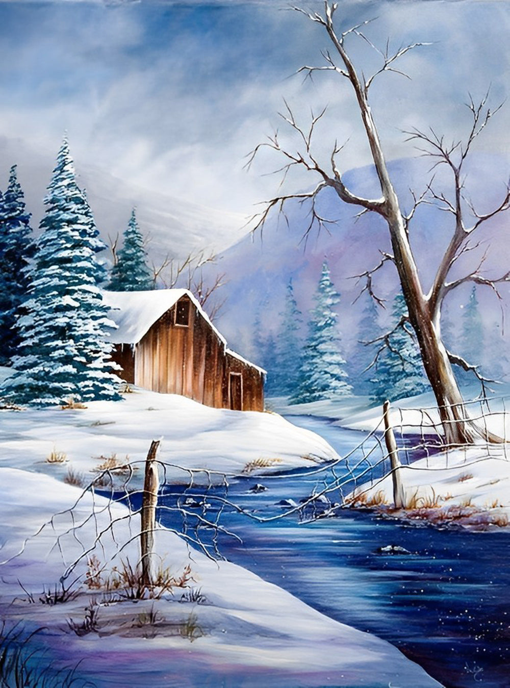 Schnee, Holzhütte und Bäume Diamond Painting