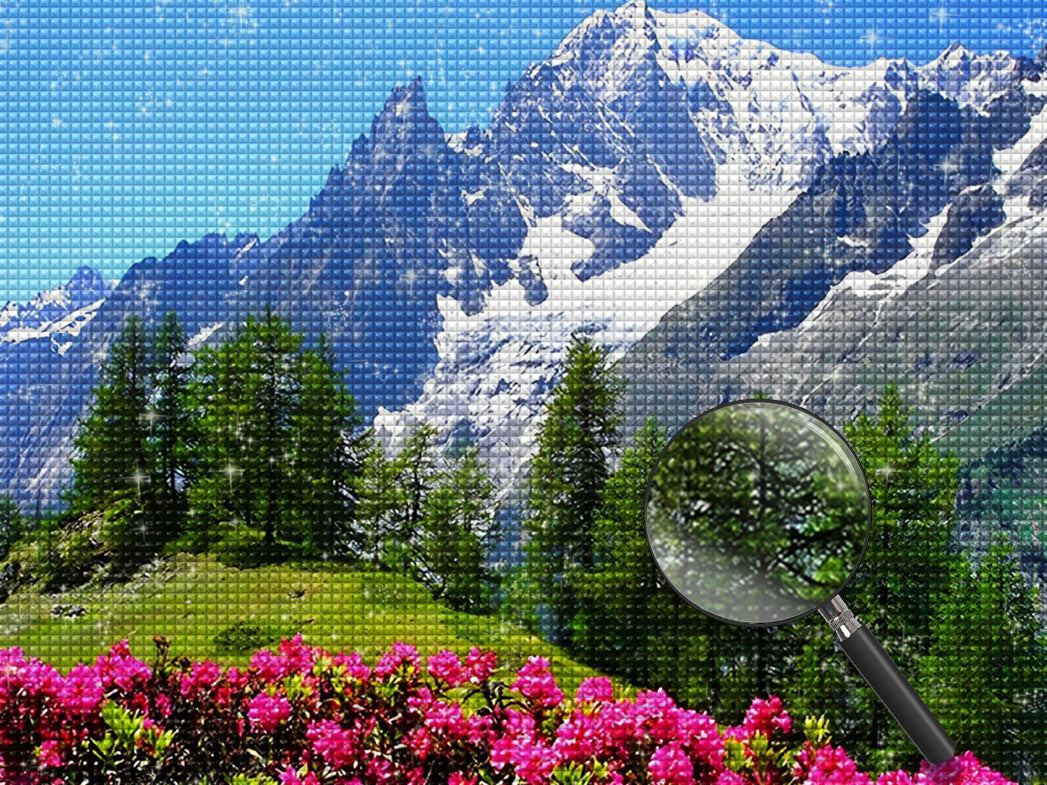 Schneeberg, grüne Bäume und Blumen Diamond Painting