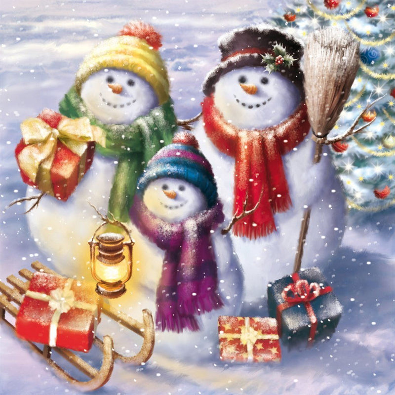 Schneemann-Familie mit Weihnachtsgeschenken Diamond Painting