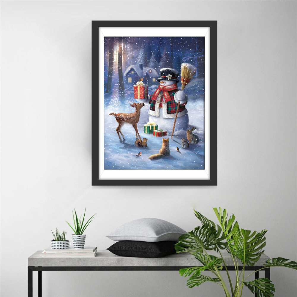 Schneemann mit Besen und Tiere Diamond Painting