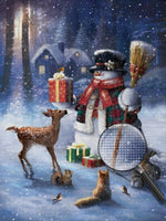 Schneemann mit Besen und Tiere Diamond Painting