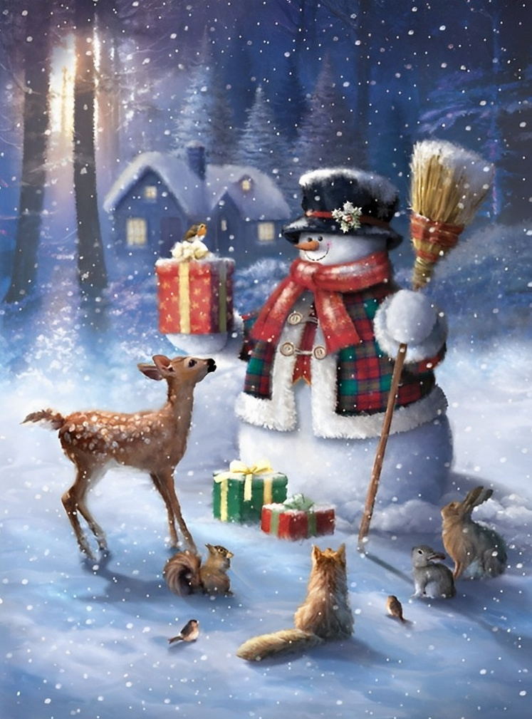 Schneemann mit Besen und Tiere Diamond Painting