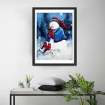 Schneemann mit Weihnachtsmütze und Vögel Diamond Painting