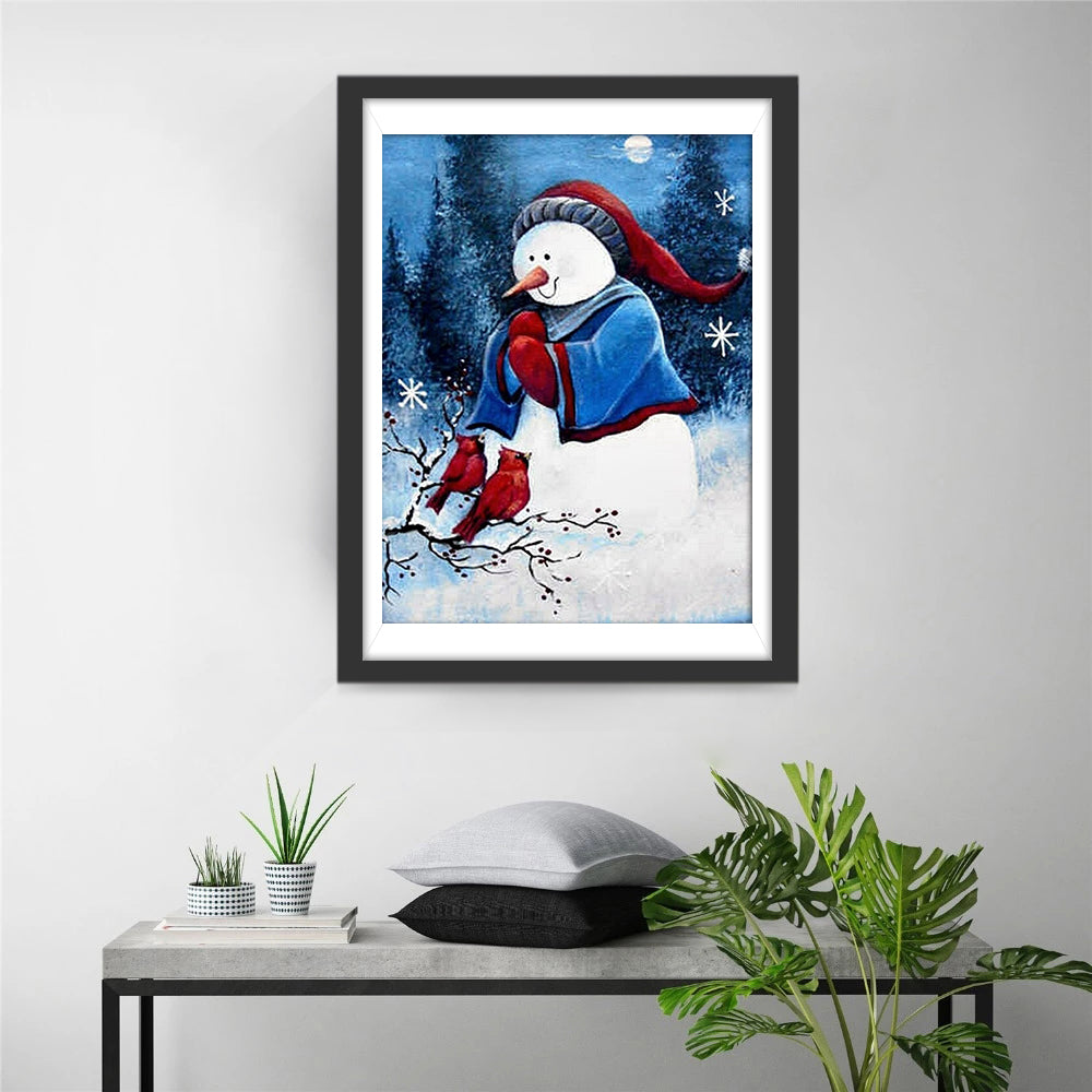 Schneemann mit Weihnachtsmütze und Vögel Diamond Painting