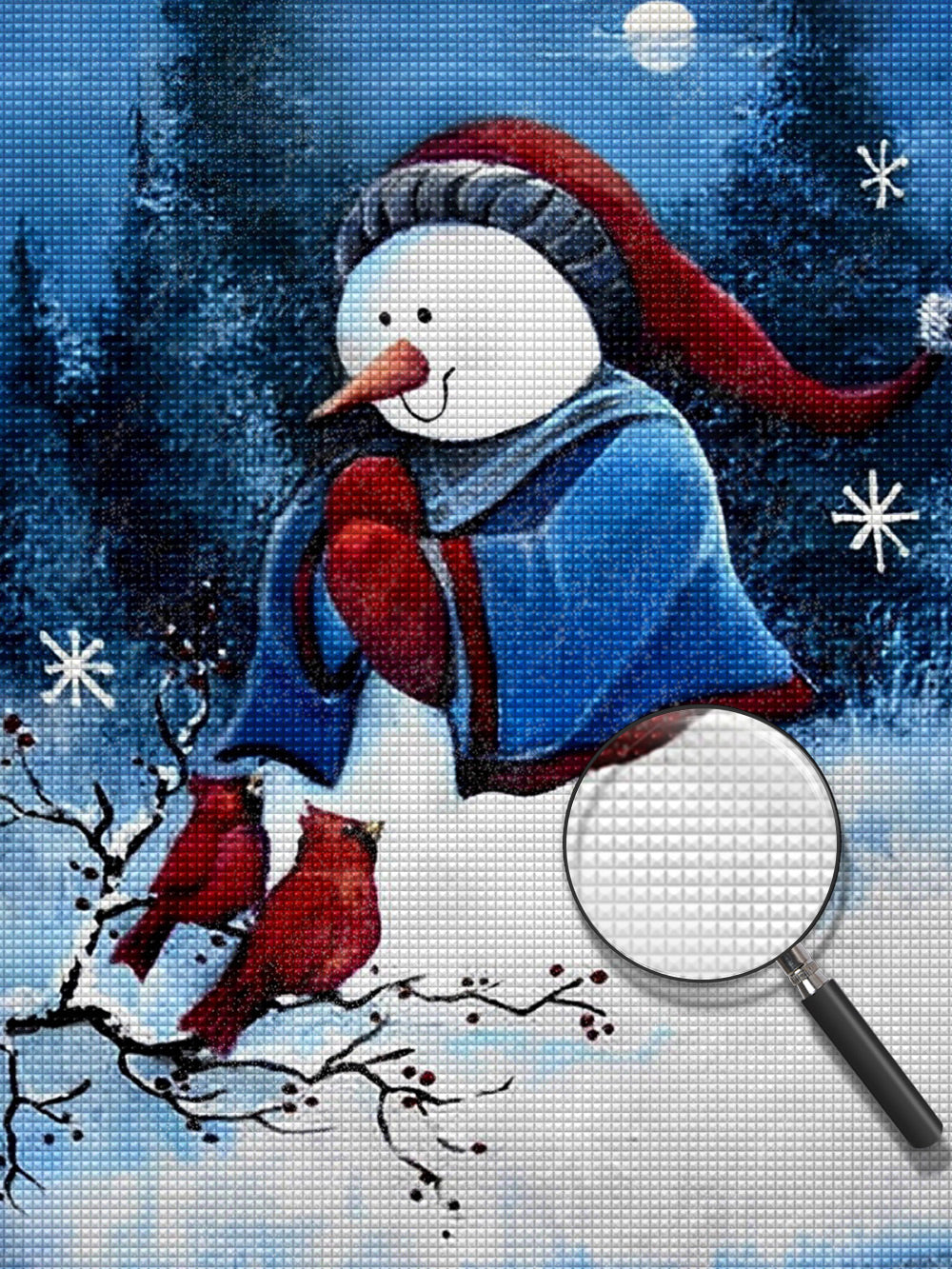 Schneemann mit Weihnachtsmütze und Vögel Diamond Painting