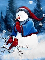 Schneemann mit Weihnachtsmütze und Vögel Diamond Painting