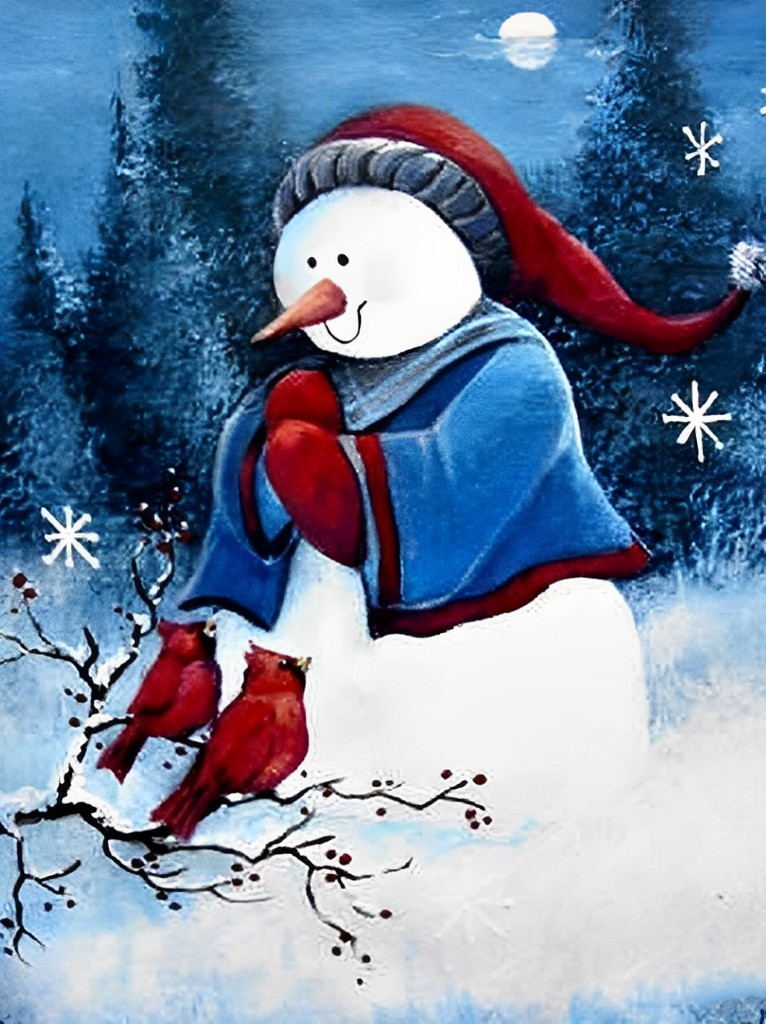 Schneemann mit Weihnachtsmütze und Vögel Diamond Painting