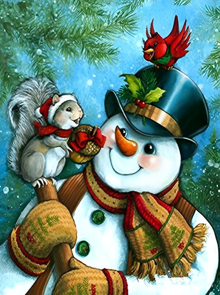 Schneemann und Eichhörnchen Diamond Painting