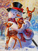 Schneemann und Hirsche im Wald Diamond Painting