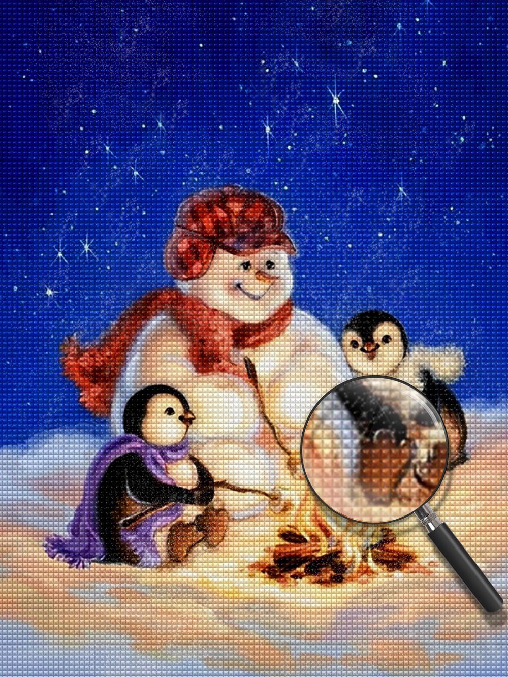 Schneemann und Pinguine am Feuer Diamond Painting