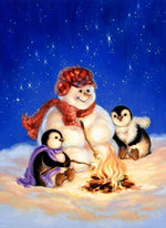 Schneemann und Pinguine am Feuer Diamond Painting