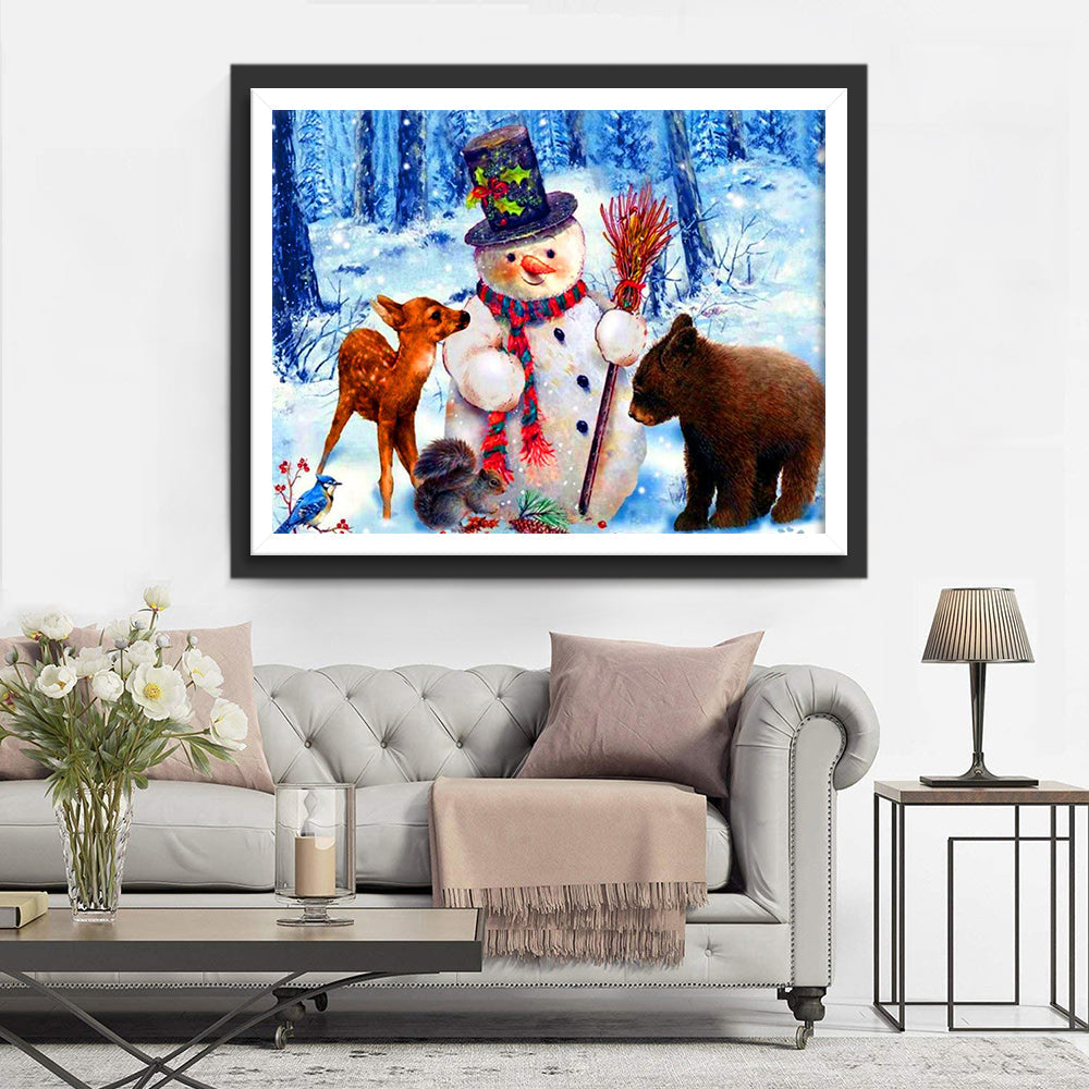 Schneemann und Tiere im Wald Diamond Painting