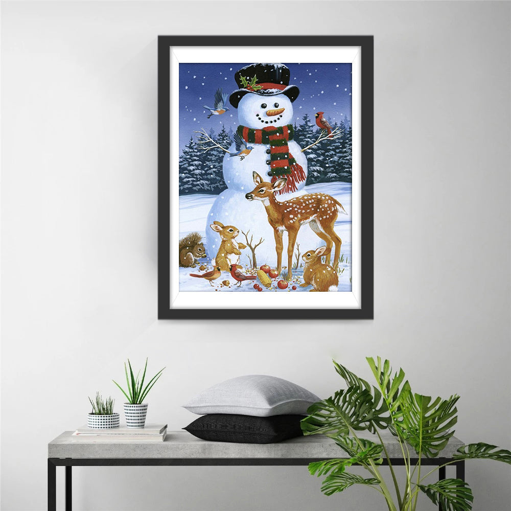 Schneemann und Tiere im Wald Diamond Painting