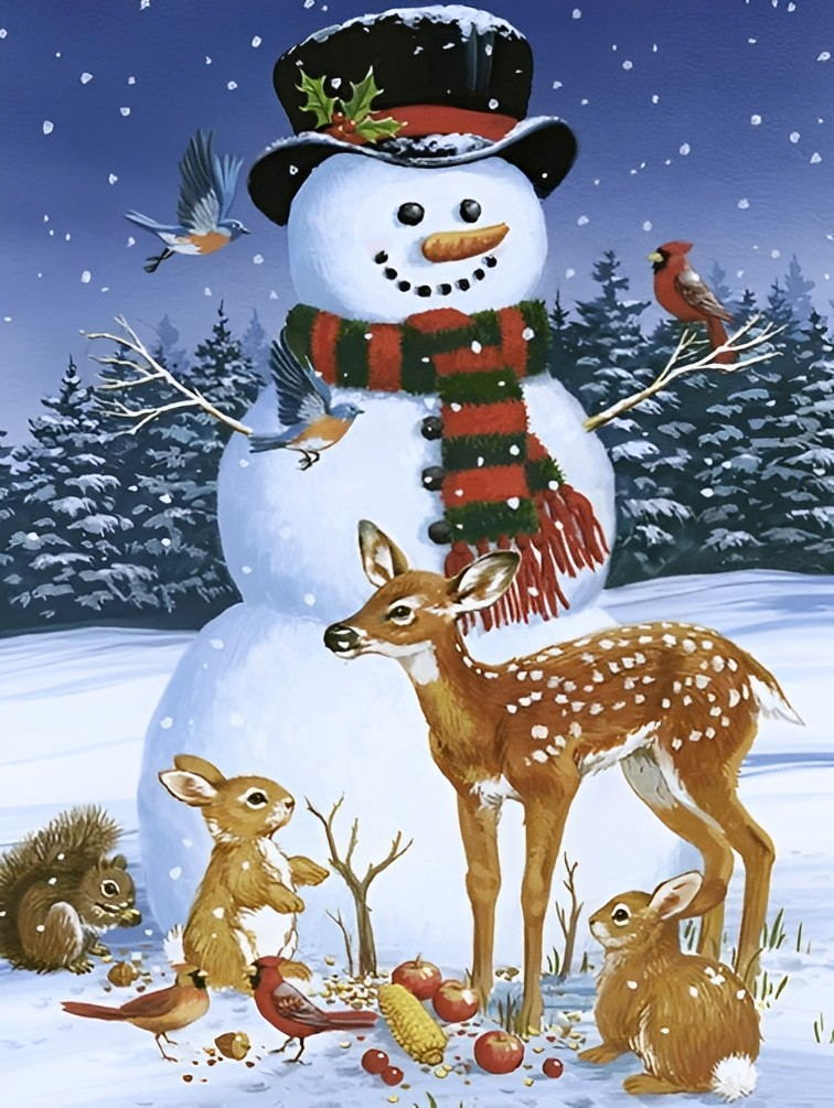 Schneemann und Tiere im Wald Diamond Painting