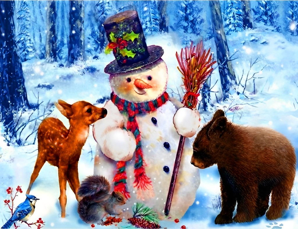 Schneemann und Tiere im Wald Diamond Painting