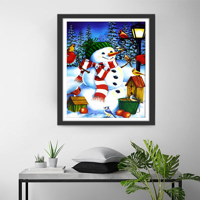 Schneemann und Vögel unter der Straßenlaterne Diamond Painting