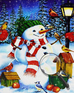 Schneemann und Vögel unter der Straßenlaterne Diamond Painting