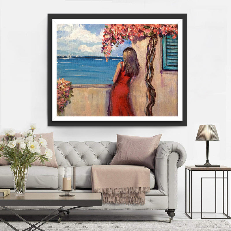 Schöne Frau im roten Kleid am Meer Diamond Painting