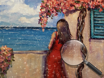 Schöne Frau im roten Kleid am Meer Diamond Painting