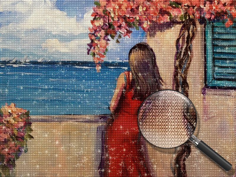 Schöne Frau im roten Kleid am Meer Diamond Painting