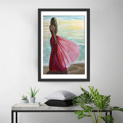 Schöne Frau im roten Kleid am Meer Diamond Painting