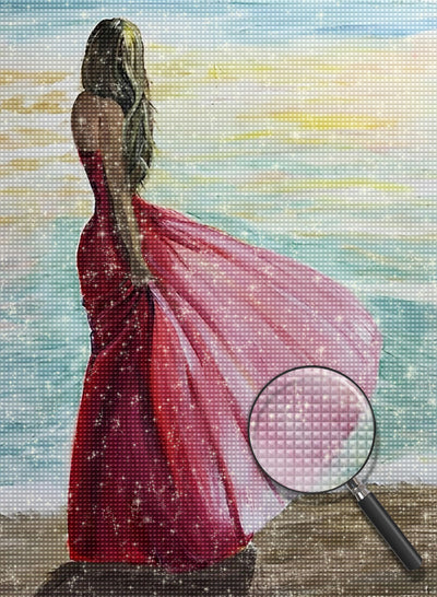 Schöne Frau im roten Kleid am Meer Diamond Painting