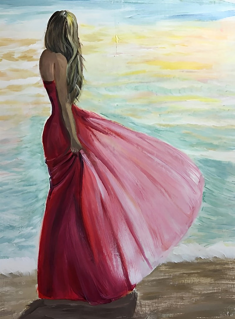 Schöne Frau im roten Kleid am Meer Diamond Painting