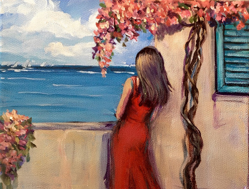 Schöne Frau im roten Kleid am Meer Diamond Painting