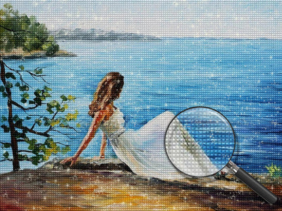 Schöne Frau im weißen Kleid am Meer Diamond Painting