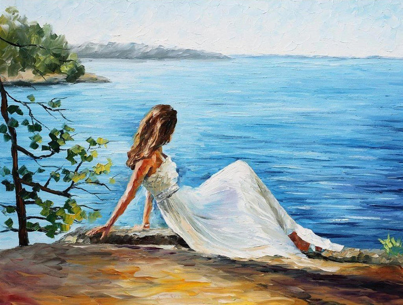 Schöne Frau im weißen Kleid am Meer Diamond Painting