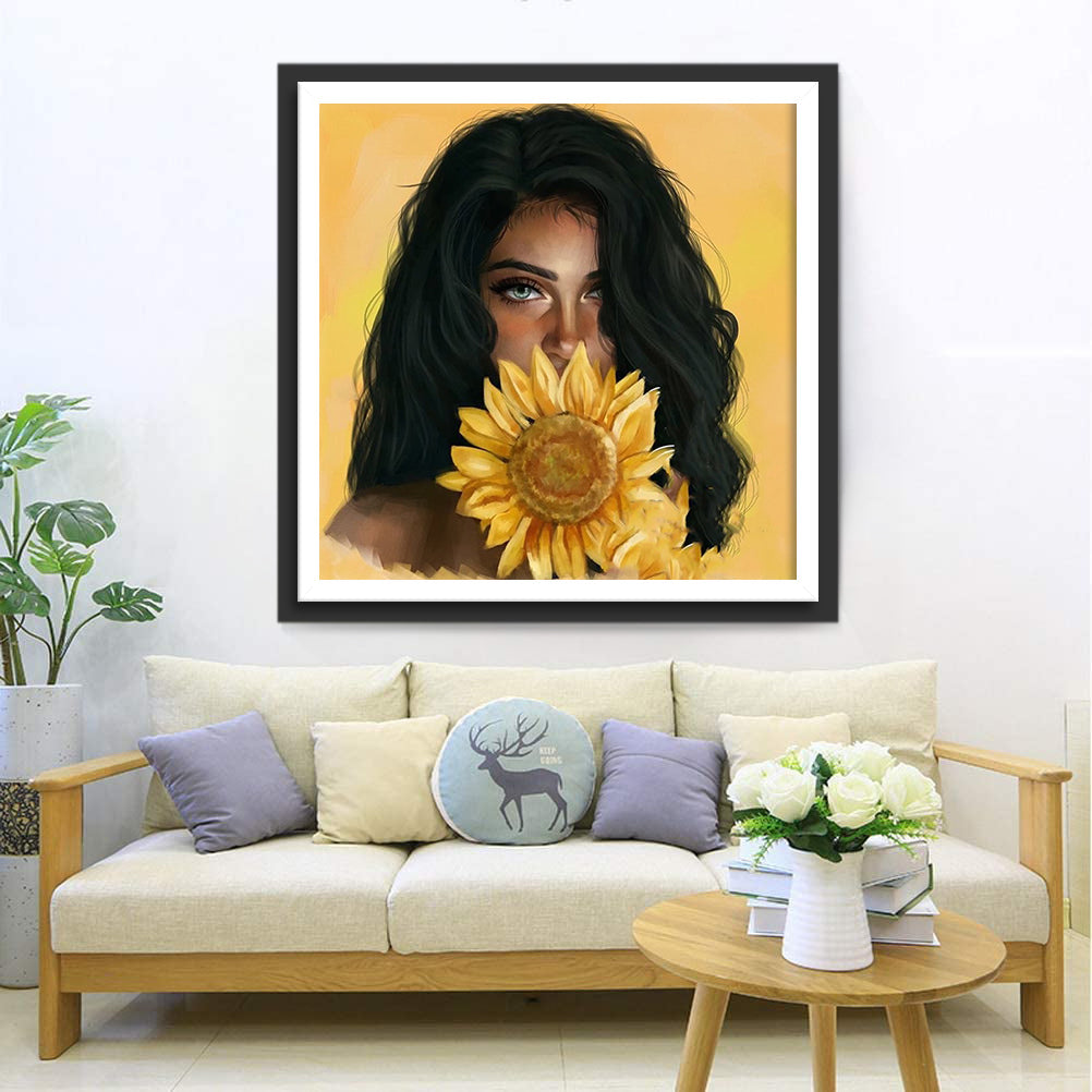 Schöne Frau mit Sonnenblume Diamond Painting