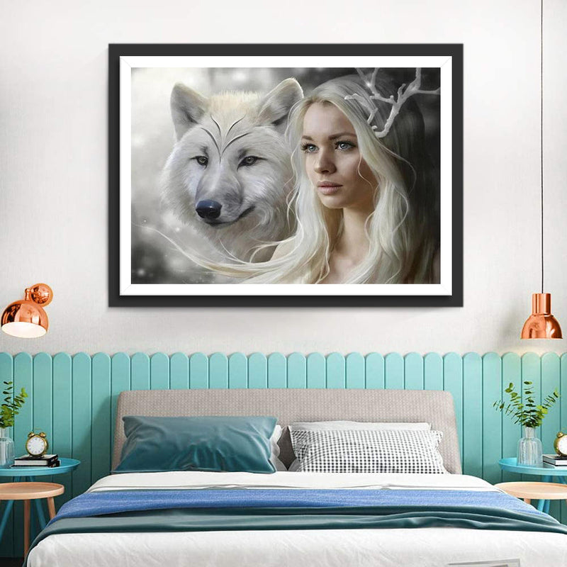 Schöne Frau und weißer Wolf Diamond Painting