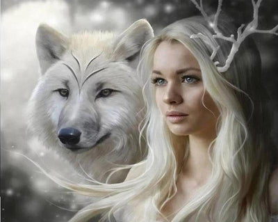 Schöne Frau und weißer Wolf Diamond Painting