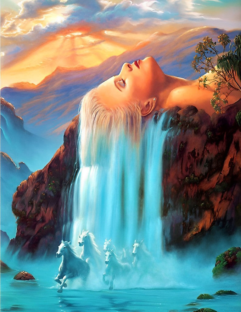 Schöne Frau, Wasserfall und weiße Pferde Diamond Painting