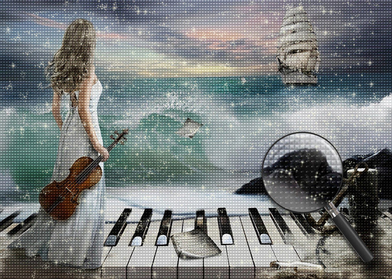 Schöne Musikerin, Welle und Schiff Diamond Painting