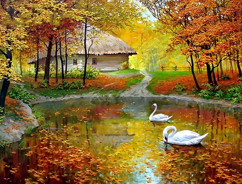 Schwäne und Hütte im Wald im Herbst Diamond Painting