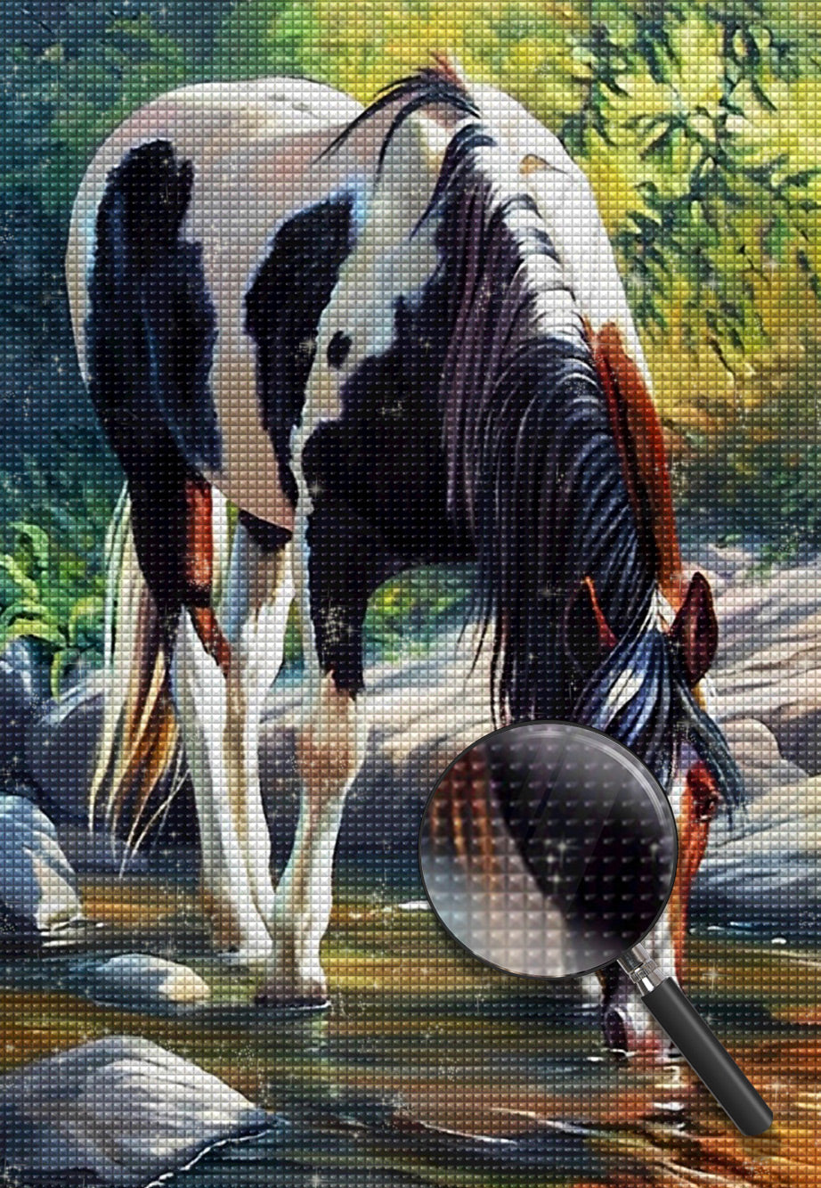 Schwarz-weißes Pferd am Wasser Diamond Painting