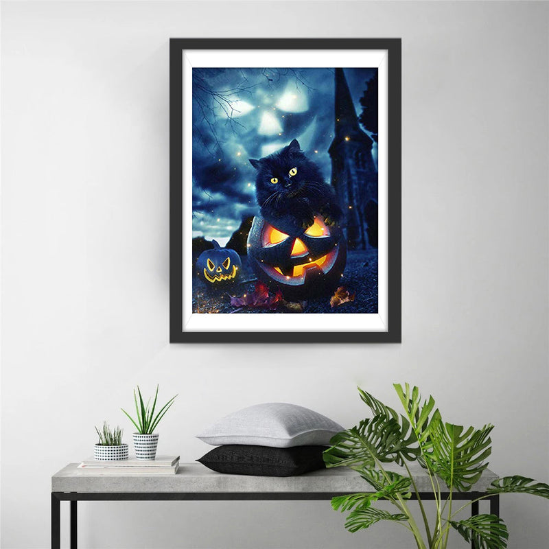 Schwarze Katze auf dem Kürbis Diamond Painting
