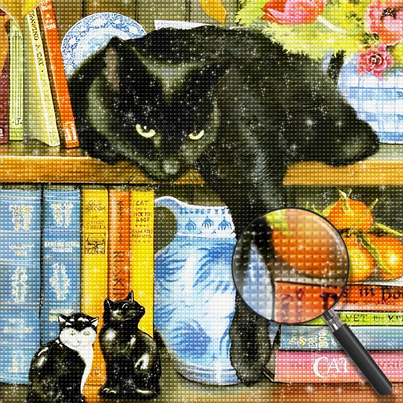 Schwarze Katze auf einem Bücherregal Diamond Painting