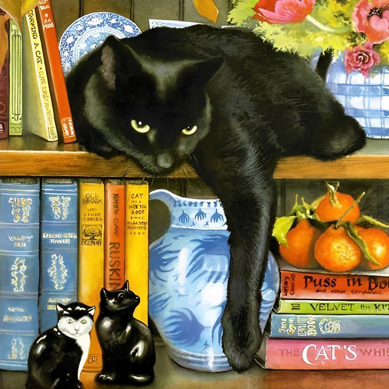 Schwarze Katze auf einem Bücherregal Diamond Painting