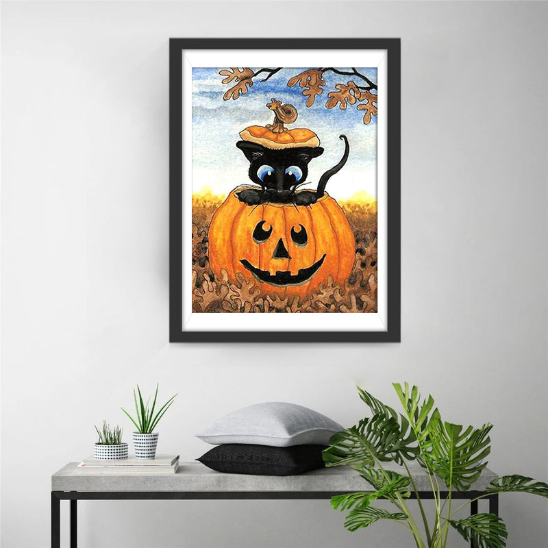 Schwarze Katze in der Kürbislaterne Diamond Painting
