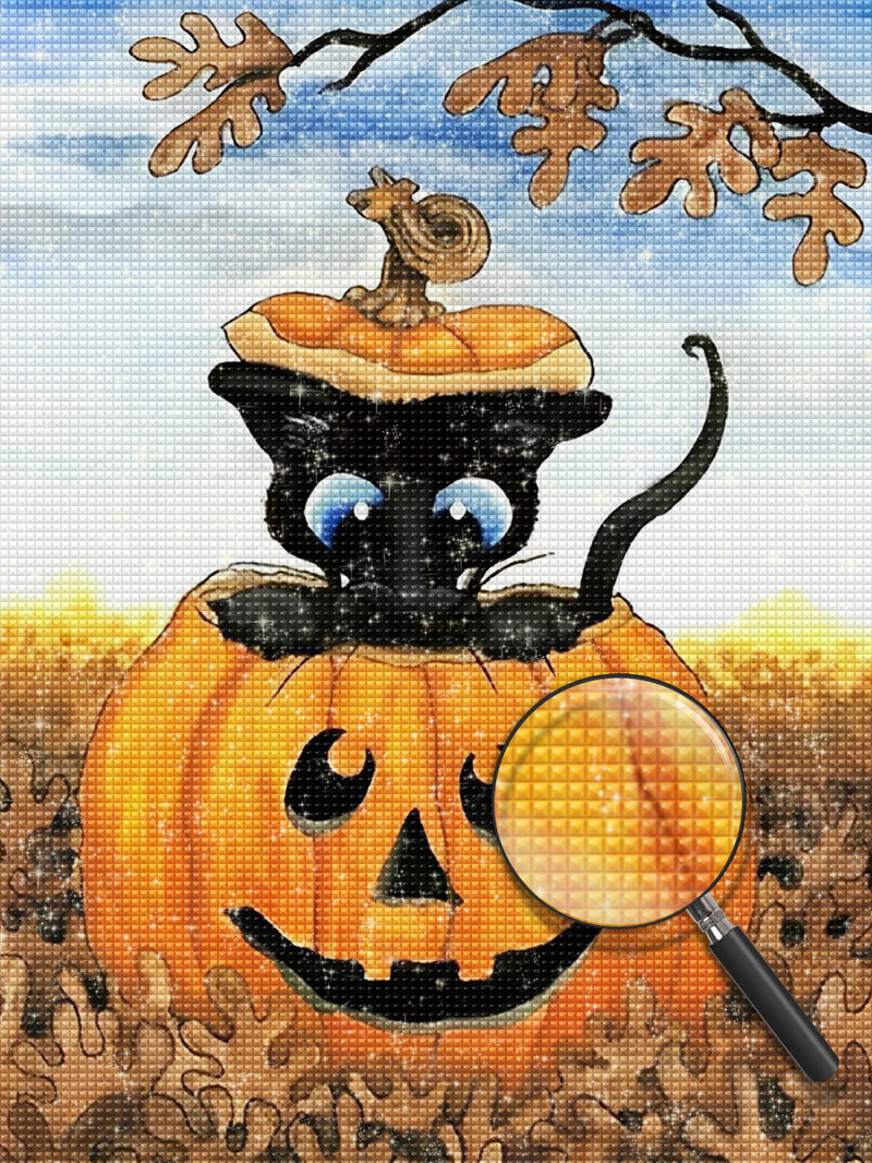 Schwarze Katze in der Kürbislaterne Diamond Painting