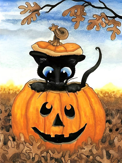 Schwarze Katze in der Kürbislaterne Diamond Painting