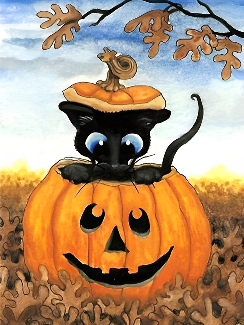 Schwarze Katze in der Kürbislaterne Diamond Painting